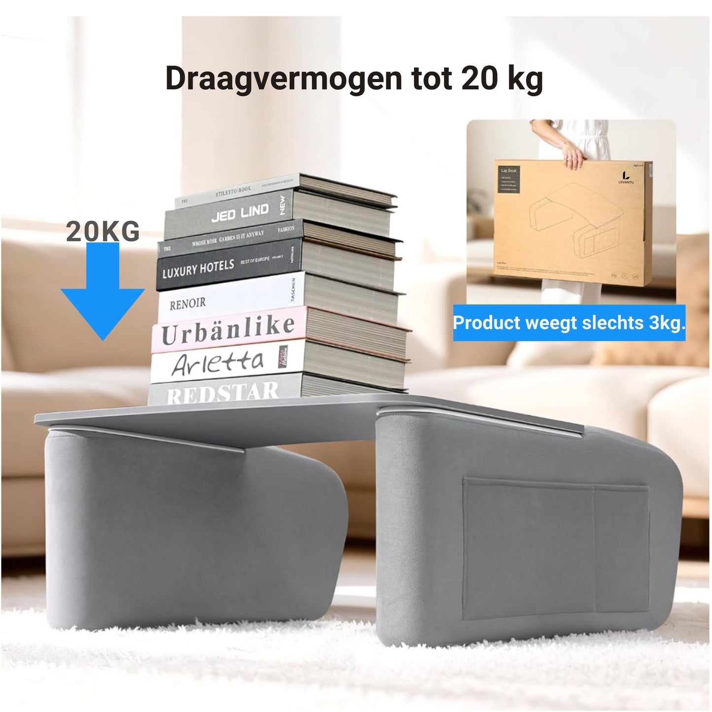LEVANTU® Bedtafel - Laptoptafel - banktafel - Ontbijttafel - Laptopstandaard - Ergonomish- Grijs