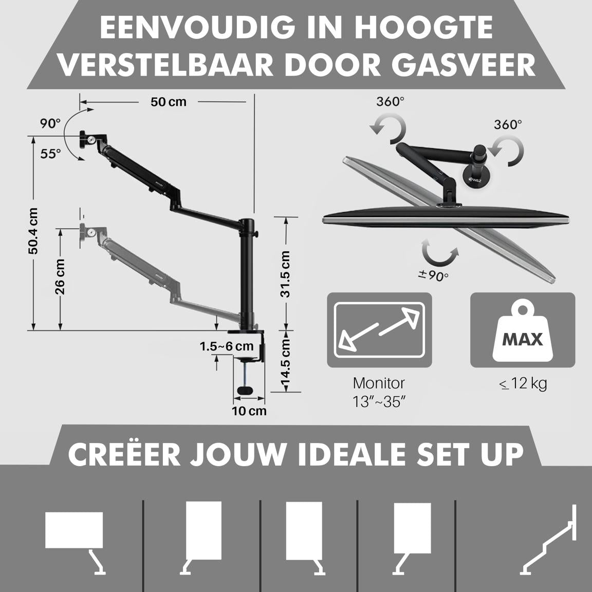 Levantu Comet - Bras de moniteur à ressort à gaz pour 1 écran - Support de moniteur