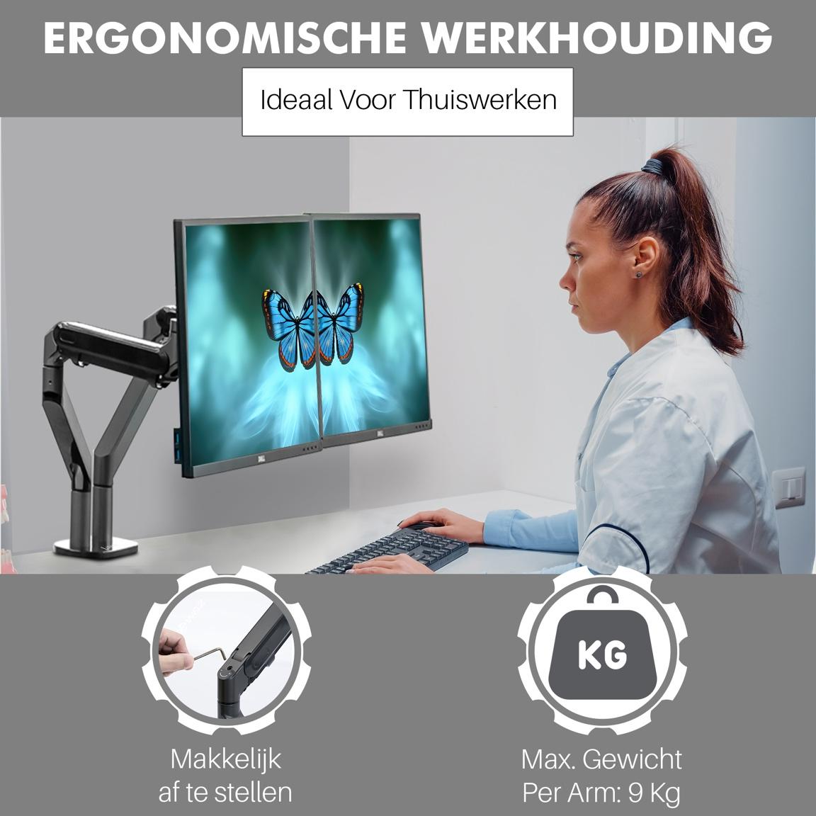 Levantu Mars - Monitor arm for 2 monitors with gas spring - Monitor bracket with gas spring