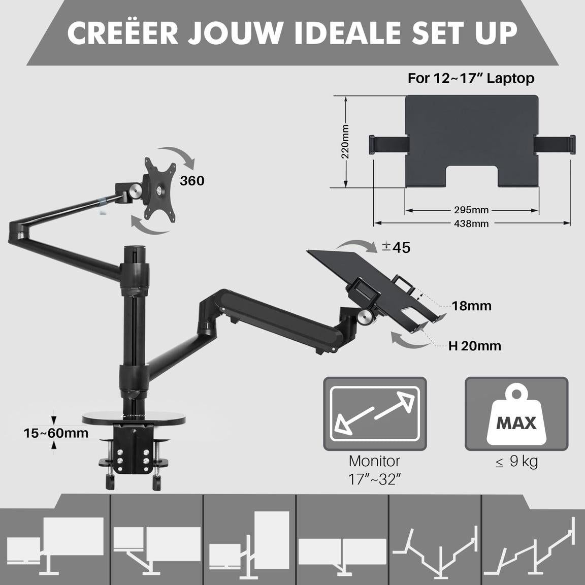 Levantu Star PRO - Bras de support pour 2 écrans avec ressort à gaz