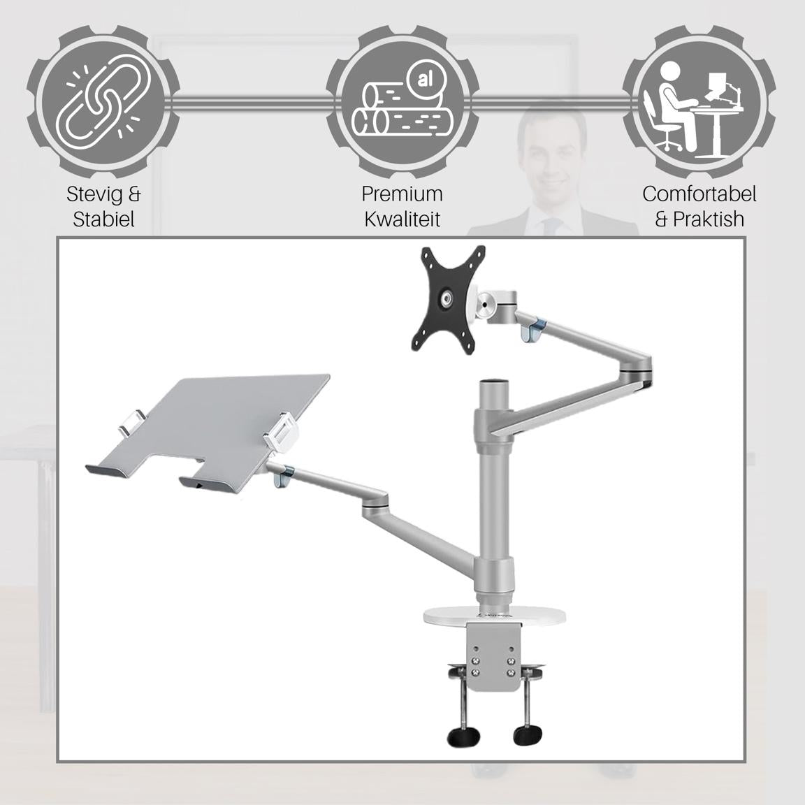 Levantu Star Zilver - Monitor arm Zilver voor 2 beeldschermen - Monitorbeugel