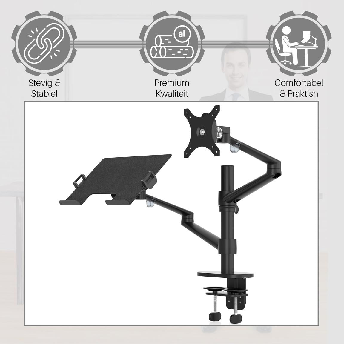 Levantu Star Zwart - Monitor arm Zwart voor 2 beeldschermen- Monitorbeugel