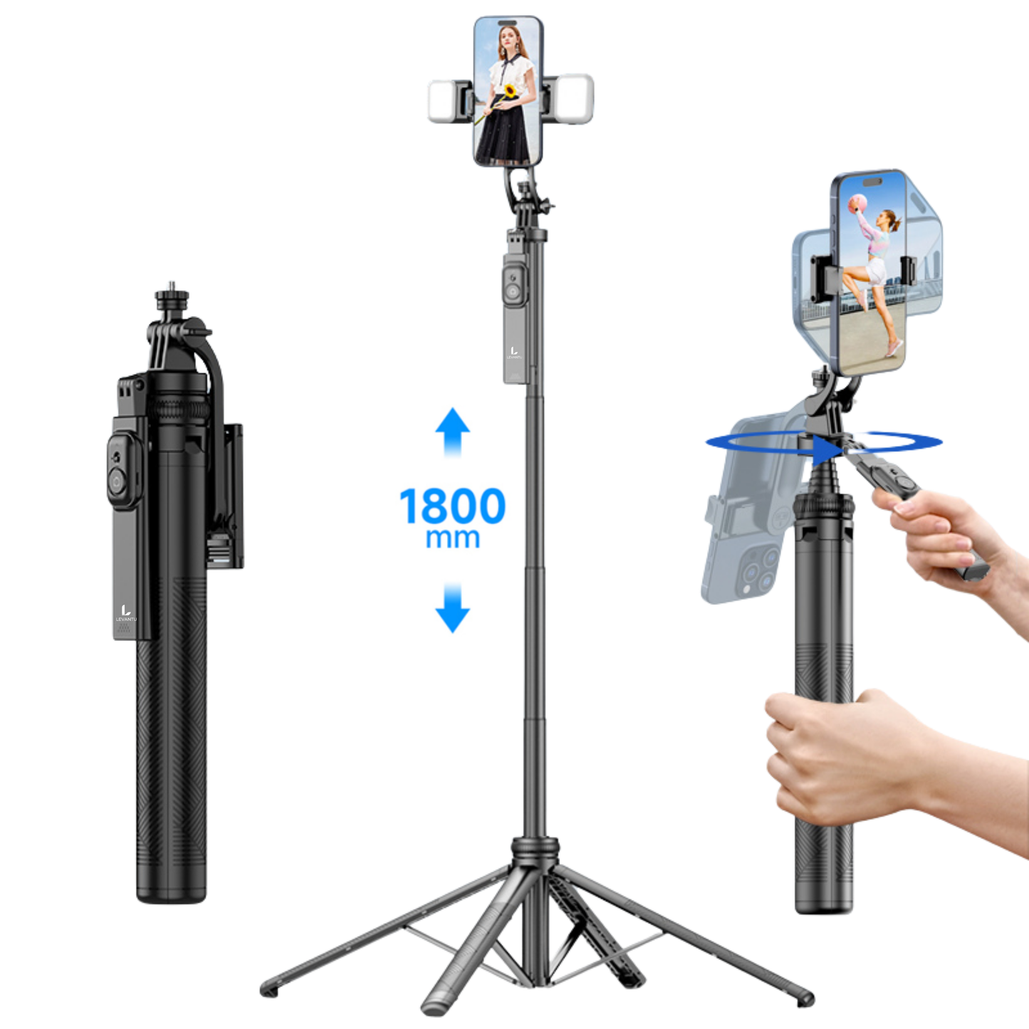 LEVANTU@ Phone Tripod Smartphone Selfie Stick Phone Holder Stand Camera Tripod 180 cm Black
