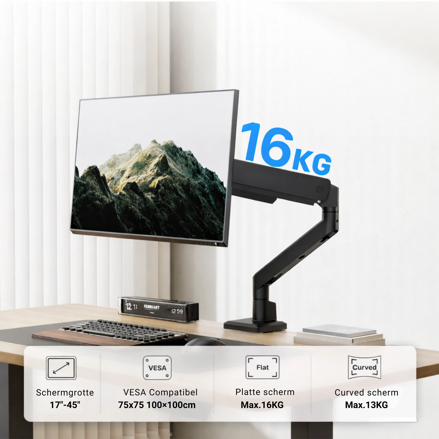 LEVANTU® Single Monitor Arm - Monitorbeugel met Gasveer - Ultrawide monitor arm - Monitor beugel tot 45 inch -16 kg- Monitor standaard - Mat Zwart