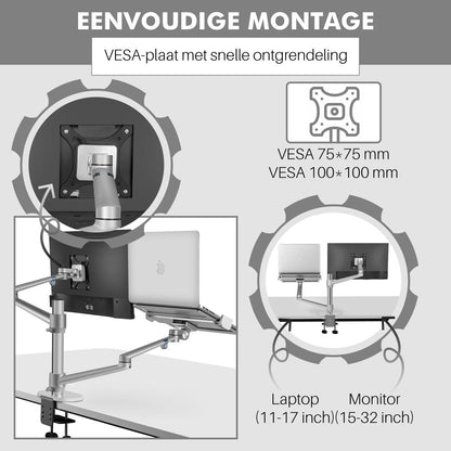 Levantu Star Zilver - Monitor arm Zilver voor 2 beeldschermen - Monitorbeugel