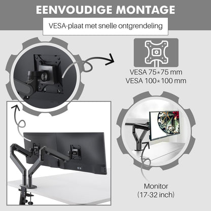 Levantu Mars - Monitor arm for 2 monitors with gas spring - Monitor bracket with gas spring