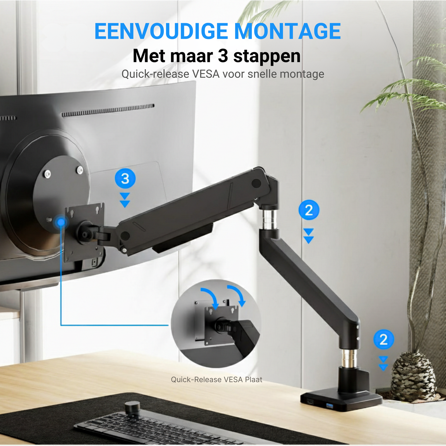 LEVANTU® Single Monitor Arm - Monitorbeugel met Gasveer - Ultrawide monitor arm - Monitor beugel tot 45 inch -16 kg- Monitor standaard - Mat Zwart