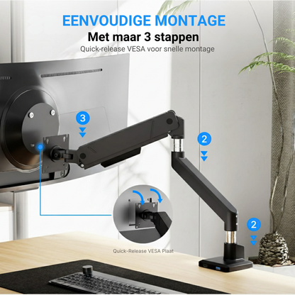 LEVANTU® Single Monitor Arm - Monitorbeugel met Gasveer - Ultrawide monitor arm - Monitor beugel tot 45 inch -16 kg- Monitor standaard - Mat Zwart