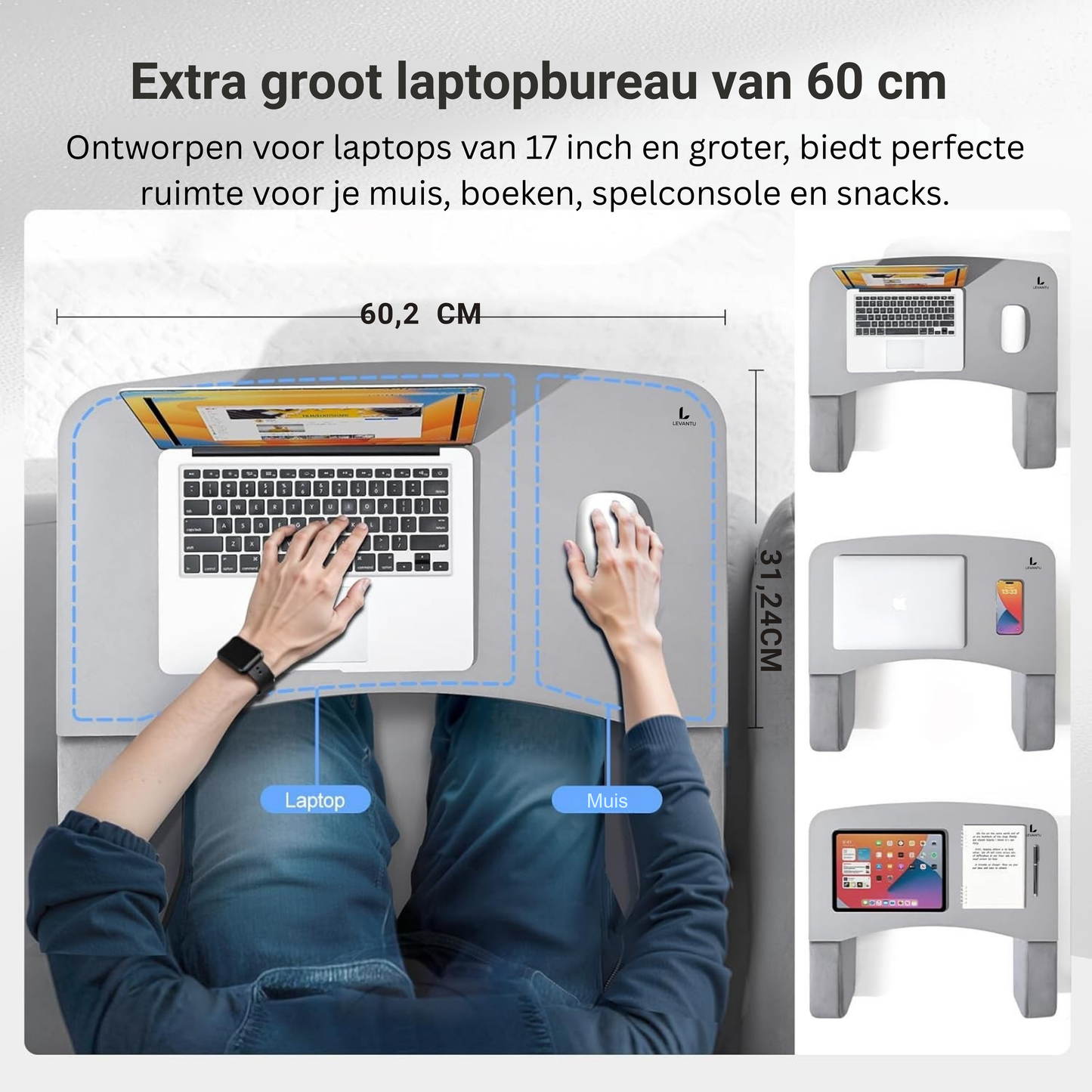 LEVANTU® Bedtafel - Laptoptafel - banktafel - Ontbijttafel - Laptopstandaard - Ergonomish- Grijs