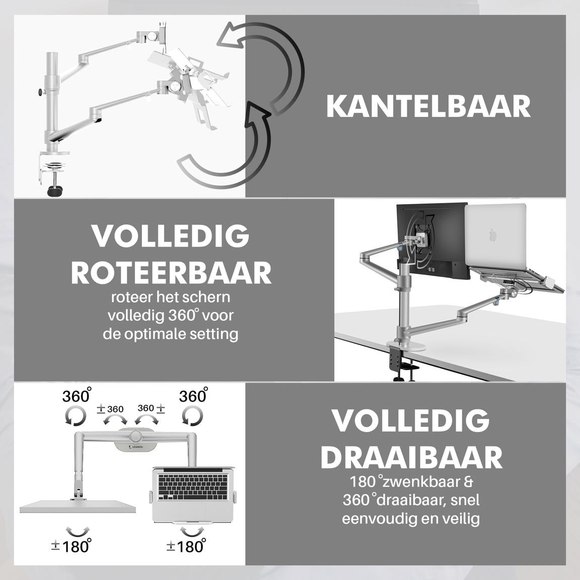 Levantu Star Zilver - Monitor arm Zilver voor 2 beeldschermen - Monitorbeugel