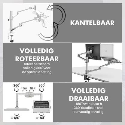 Levantu Star Zilver - Monitor arm Zilver voor 2 beeldschermen - Monitorbeugel