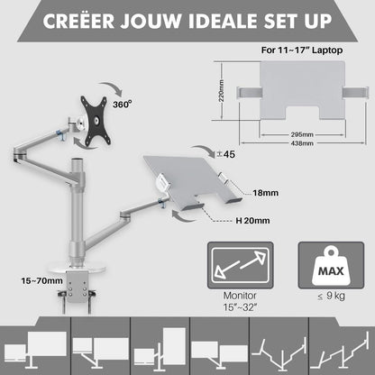 Levantu Star Zilver - Monitor arm Zilver voor 2 beeldschermen - Monitorbeugel