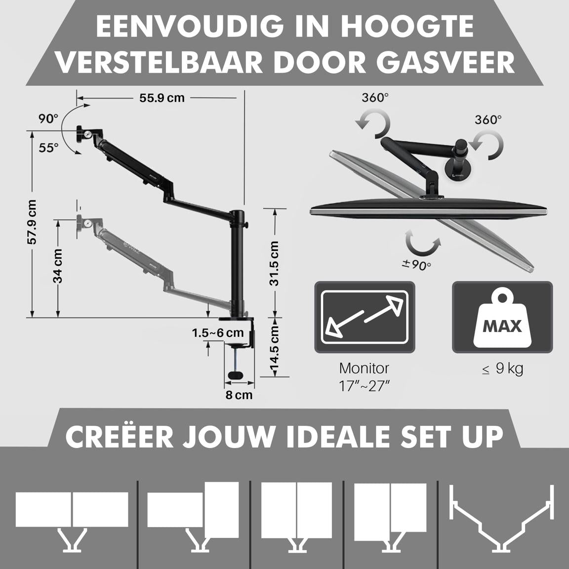 Levantu Mars - Monitor arm for 2 monitors with gas spring - Monitor bracket with gas spring