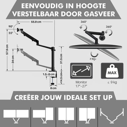 Levantu Mars - Monitor arm for 2 monitors with gas spring - Monitor bracket with gas spring