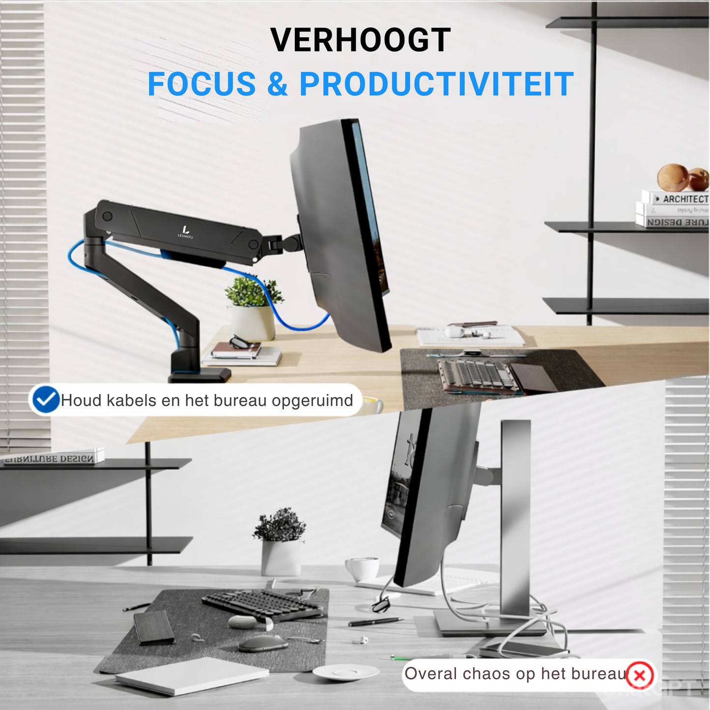 LEVANTU® Single Monitor Arm - Monitorbeugel met Gasveer - Ultrawide monitor arm - Monitor beugel tot 45 inch -16 kg- Monitor standaard - Mat Zwart