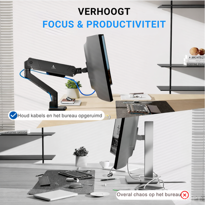 LEVANTU® Single Monitor Arm - Monitorbeugel met Gasveer - Ultrawide monitor arm - Monitor beugel tot 45 inch -16 kg- Monitor standaard - Mat Zwart