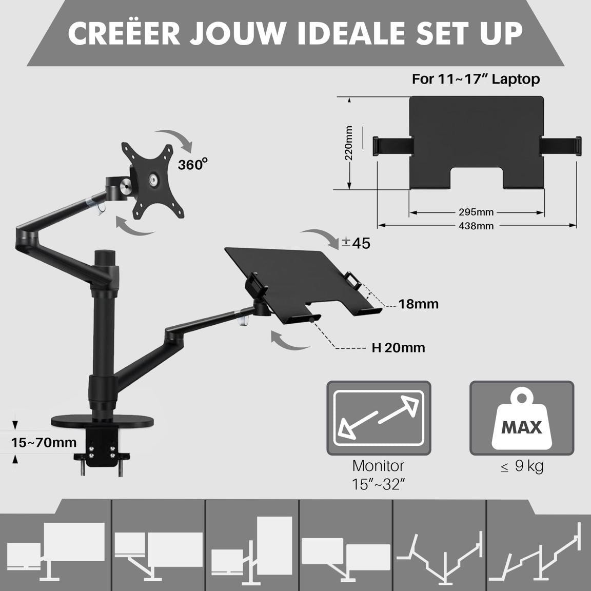 Levantu Star Zwart - Monitor arm Zwart voor 2 beeldschermen- Monitorbeugel