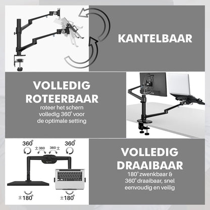Levantu Star Zwart - Monitor arm Zwart voor 2 beeldschermen- Monitorbeugel