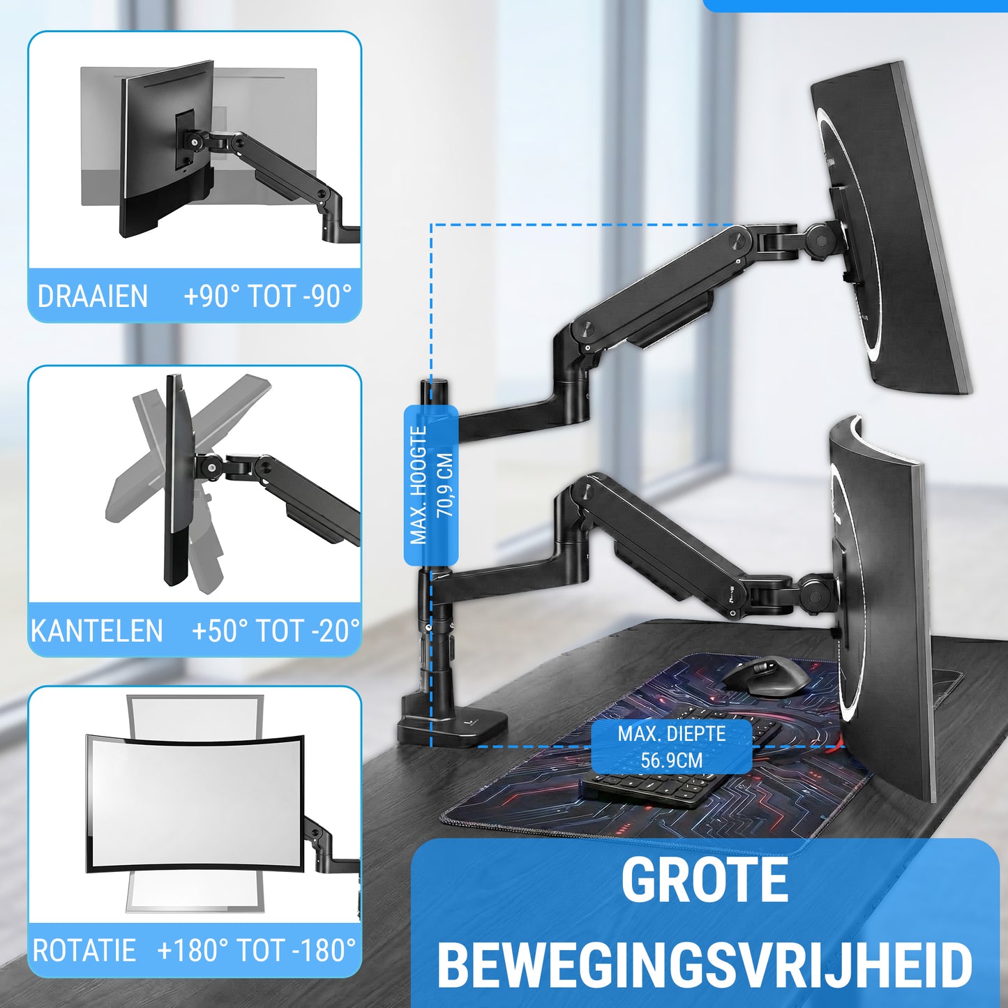 LEVANTU® Mars - Monitor arm voor 2 schermen boven elkaar - Heavy duty Monitor beugel voor 13 t/m 49 inch - Gasveer - Verstelbaar - Zwart