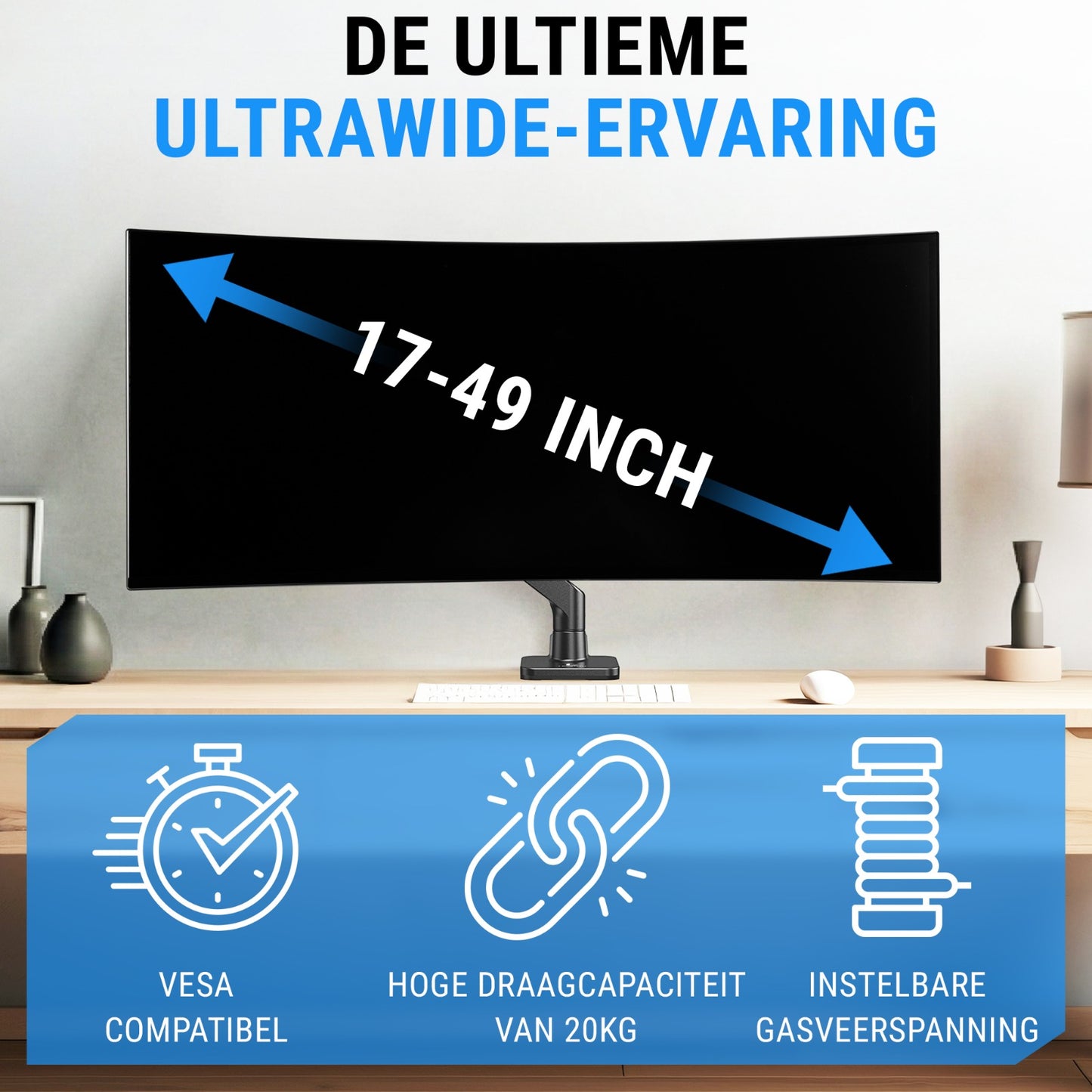LEVANTU® Heavy Duty Monitor Arm voor - Monitorbeugel met Gasveer - Ultrawide monitor arm - Monitor beugel tot 49 inch -20 kg- Monitor standaard - Zwart Mat
