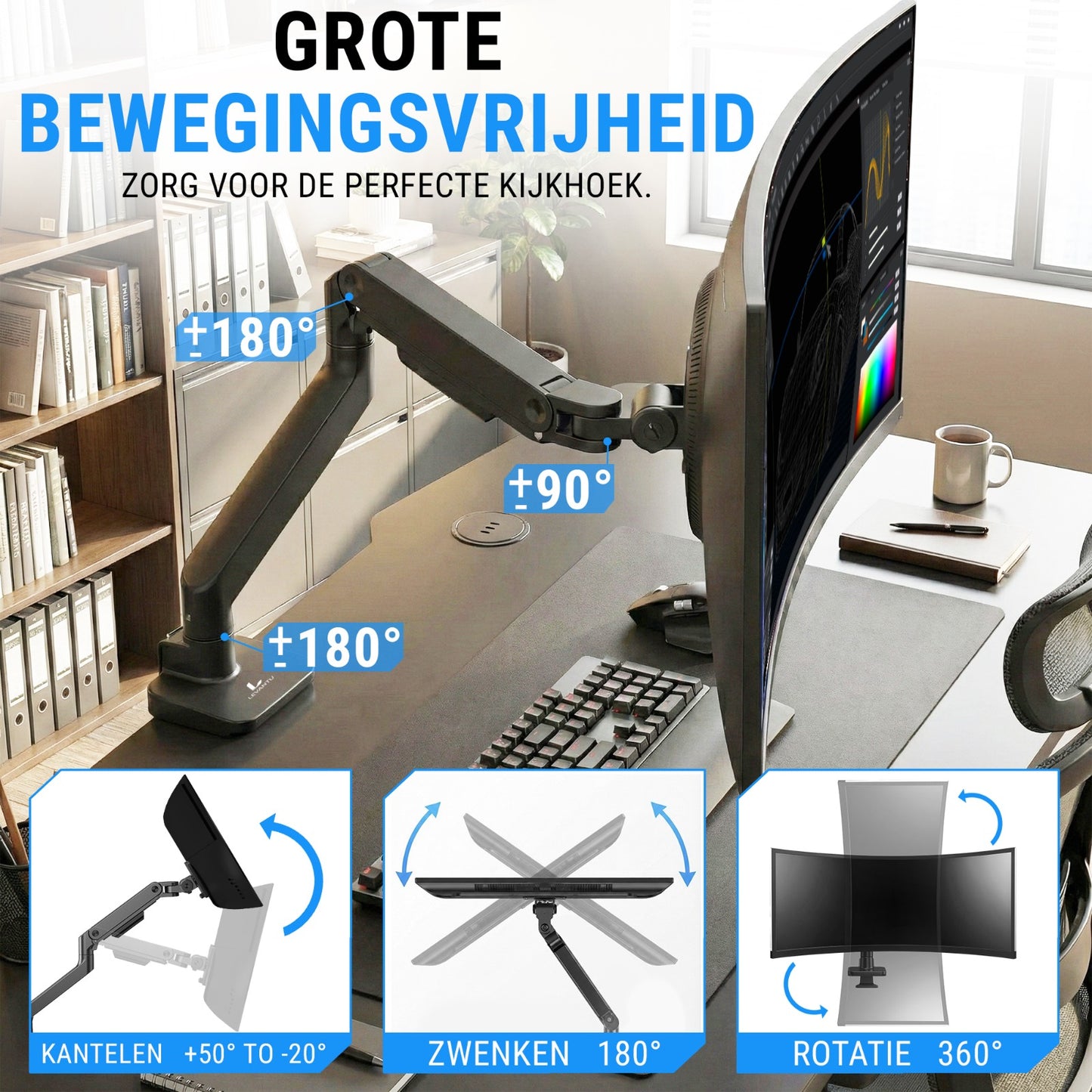 LEVANTU® Heavy Duty Monitor Arm voor - Monitorbeugel met Gasveer - Ultrawide monitor arm - Monitor beugel tot 49 inch -20 kg- Monitor standaard - Zwart Mat