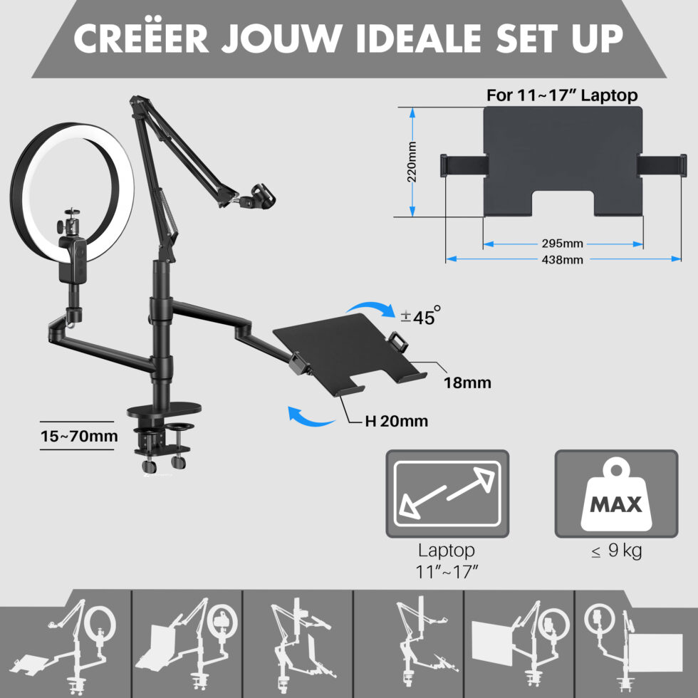 Levantu Nova - 5 in 1 monitor arm laptop arm met ringlamp