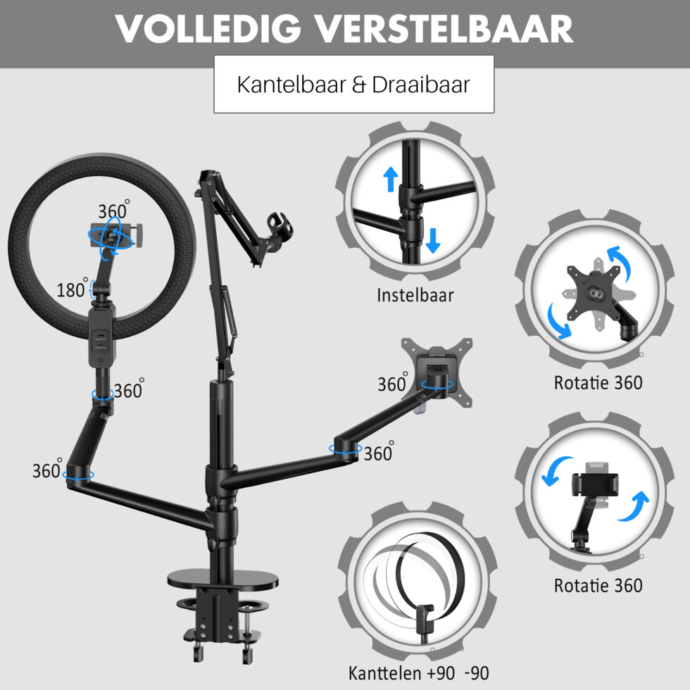 Levantu Nova - 5 in 1 monitor arm laptop arm met ringlamp