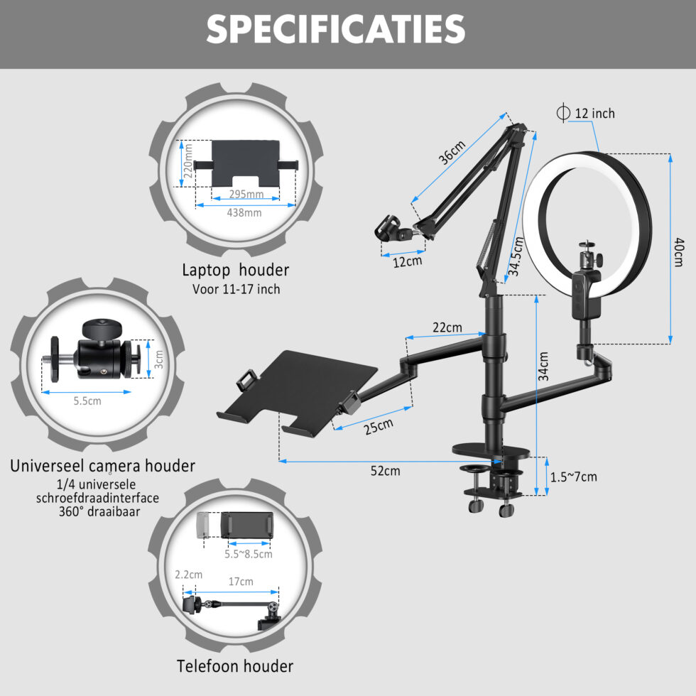 Levantu Nova - 5 in 1 monitor arm laptop arm met ringlamp