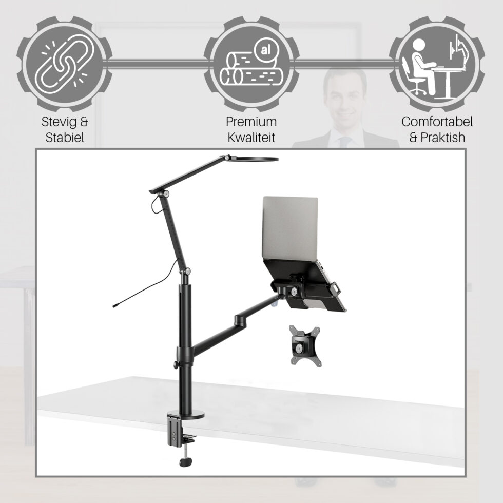 Levantu Luna - Monitor arm voor 2 beeldschermen met licht