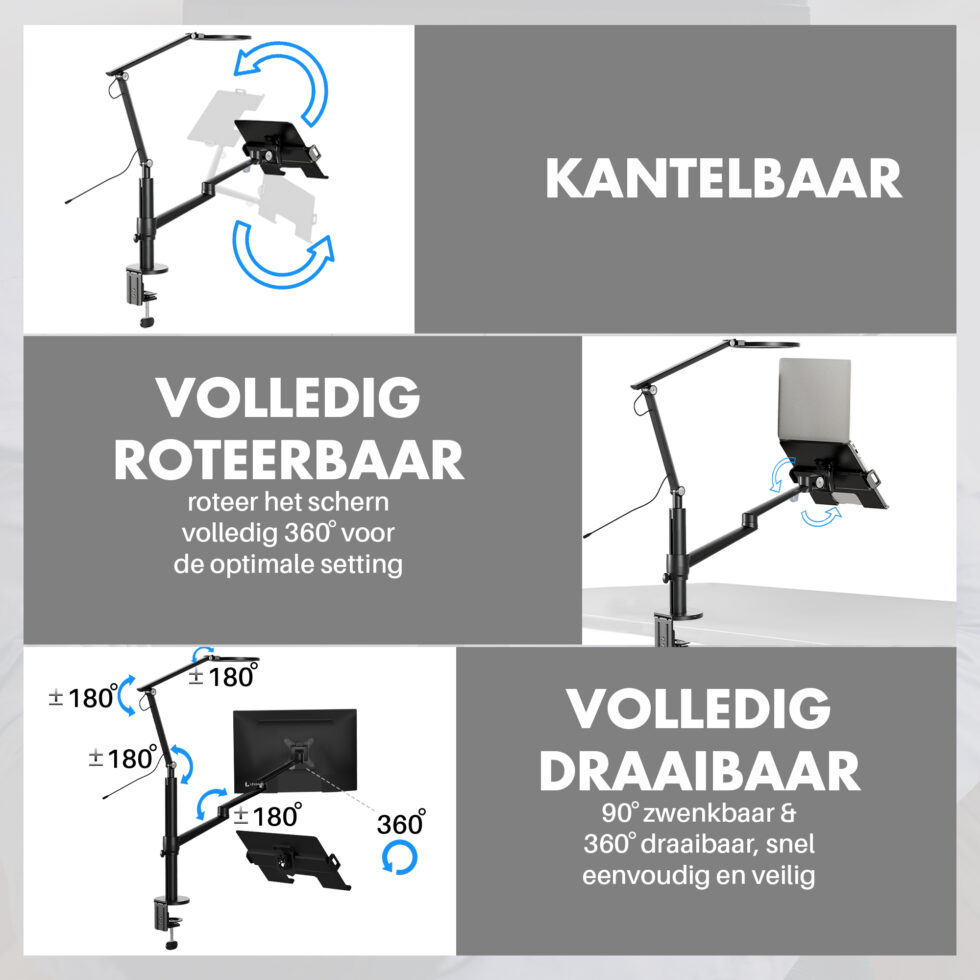 Levantu Luna - Monitor arm voor 2 beeldschermen met licht