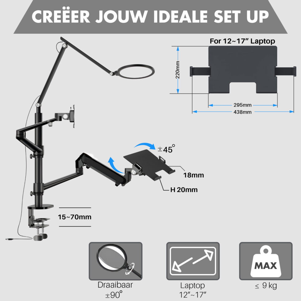 Levantu Nebula - Monitor arm voor 1 beeldscherm met licht