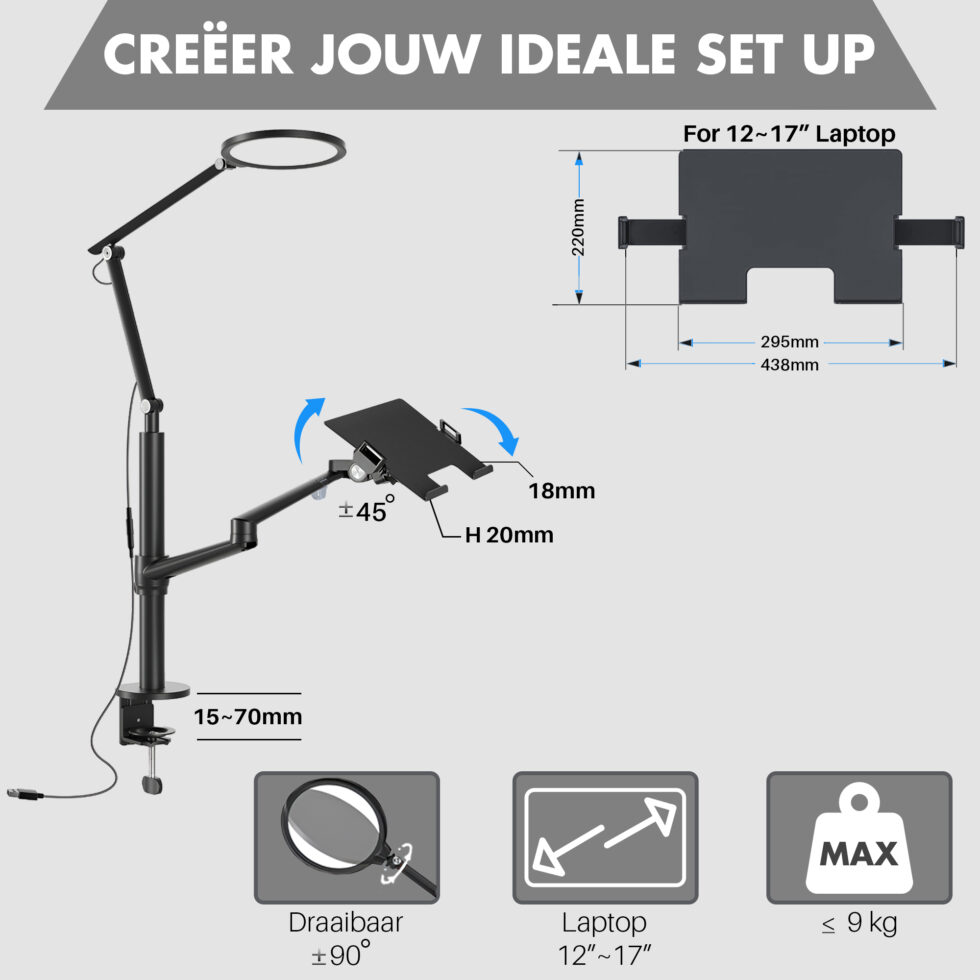 Levantu Luna - Monitor arm voor 2 beeldschermen met licht