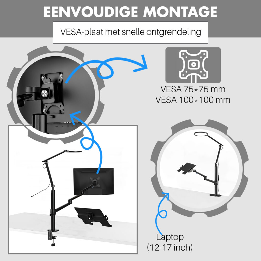 Levantu Luna - Monitor arm voor 2 beeldschermen met licht