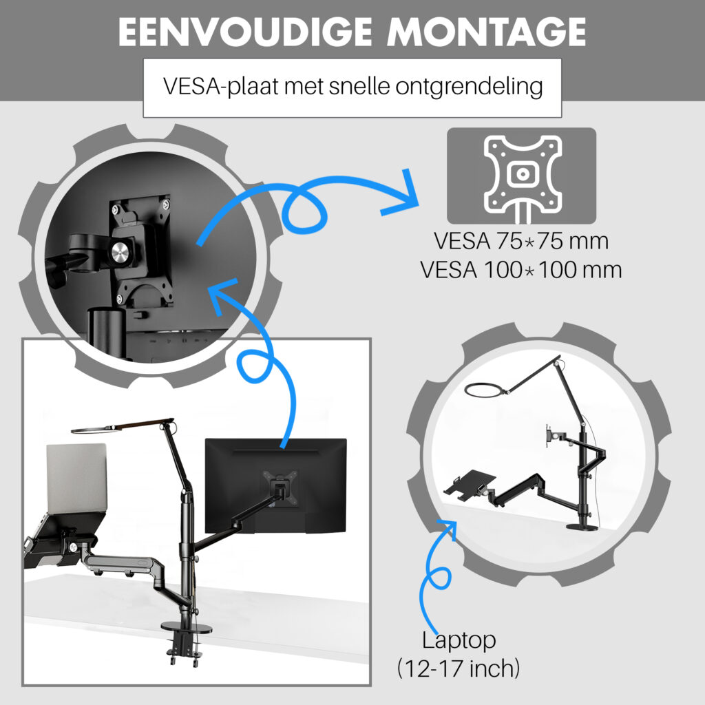 Levantu Nebula - Monitor arm voor 1 beeldscherm met licht